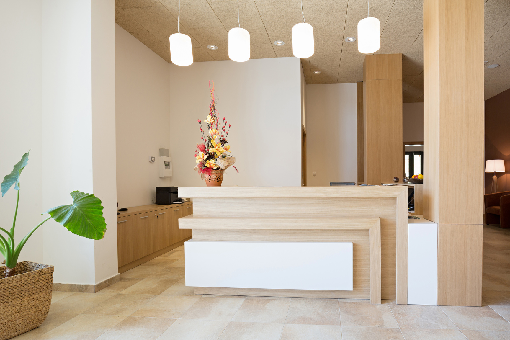 Reception area with wooden reception table